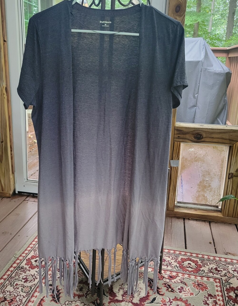 RuffHewn Ombre Fringe Duster Gray Boho Open front Womens Cardigan Size M Dip Dye